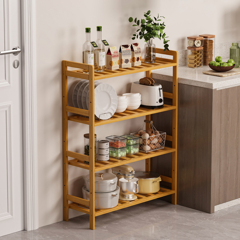 Estante de almacenamiento de cocina estante de almacenamiento de múltiples capas estante de almacenamiento de artículos diversos estante de bambú simple pared sala de estar piso estantería estrecha