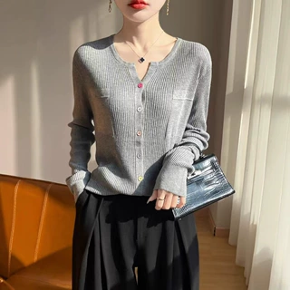 新款精纺针织开衫女圆领修身显瘦百搭长袖针织衫上衣薄款外搭毛衣