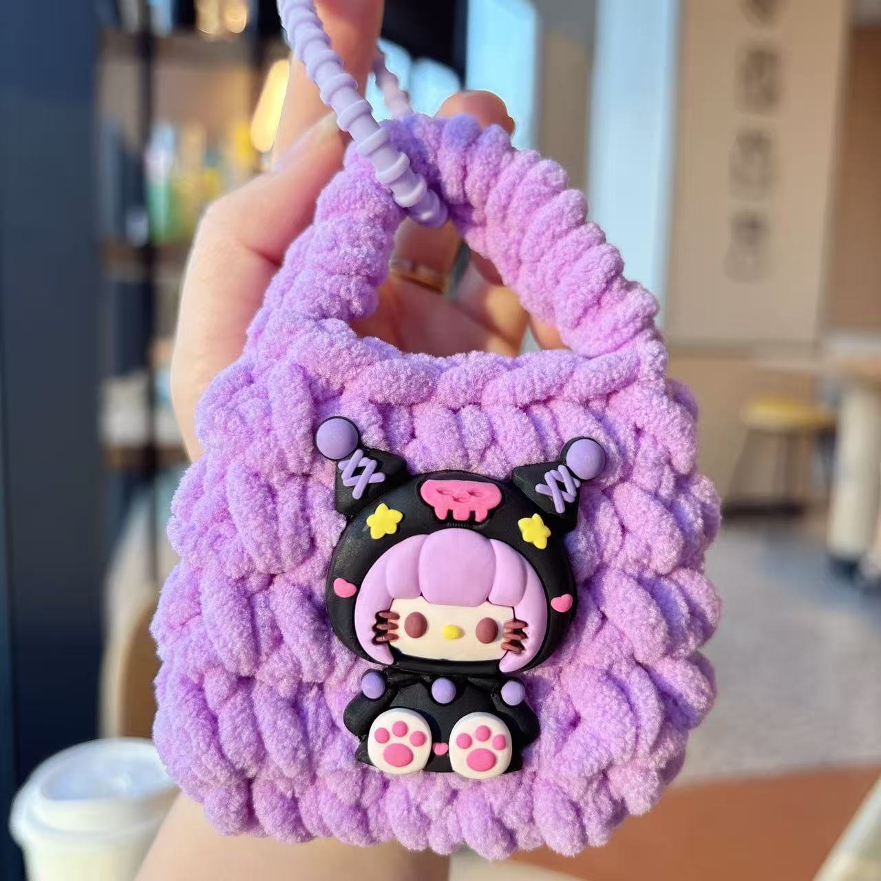 Creativo dibujos animados Kullomi lana trenzado bolsas de cambio llaveros auriculares portátiles lindos trenzados bolsa de almacenamiento regalo