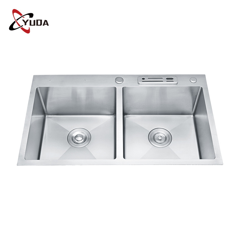 Fregadero de cocina comercial personalizado con porta cuchillos y doble ranura, acero inoxidable cepillado