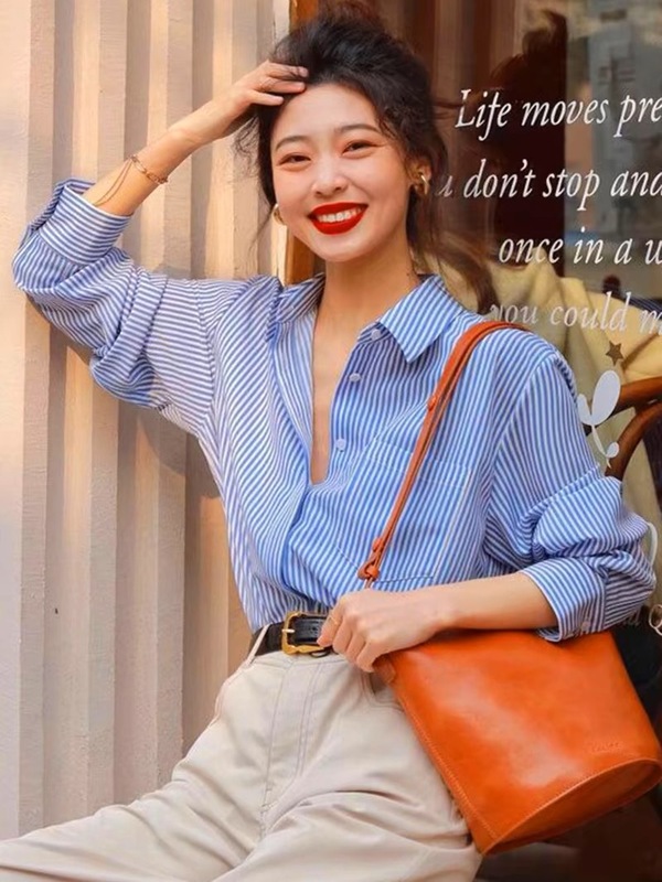 哥家商场同款女装2025早秋新款蓝色条纹衬衫女法式时尚高端衬衣|undefined