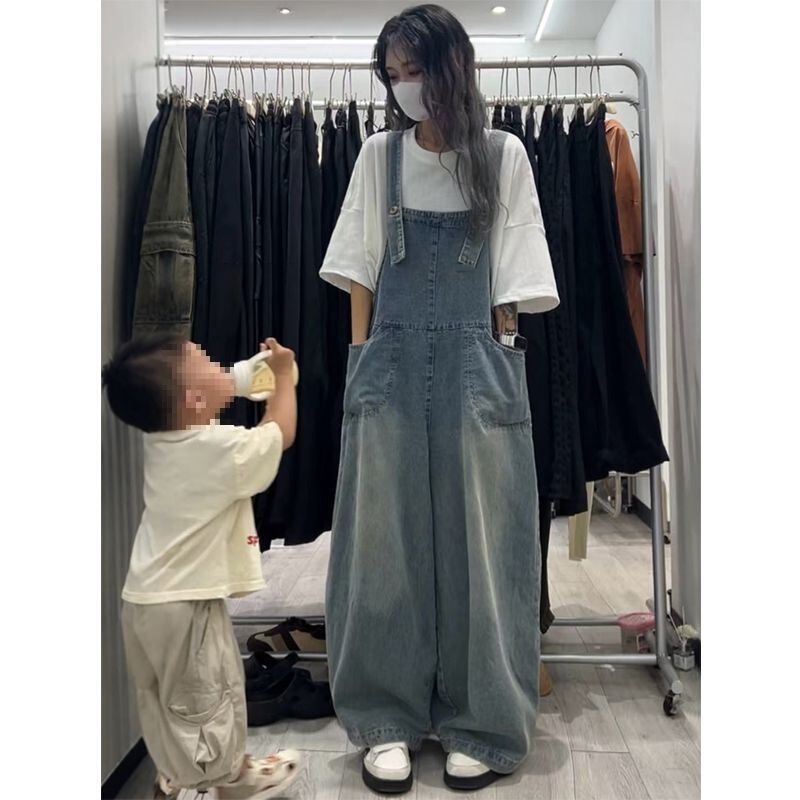 直筒牛仔背带裤女可盐可甜减龄垂感松弛高腰宽松阔腿牛仔裤潮流|undefined