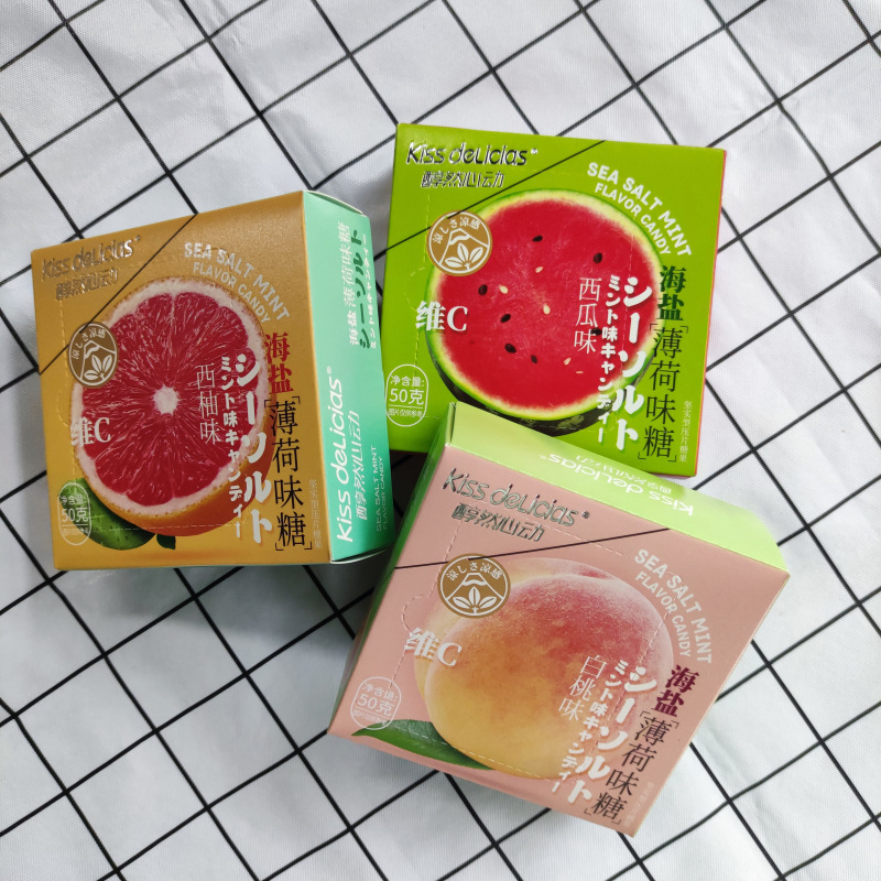 海亿醇然心动海盐西瓜西柚白桃百香果味薄荷糖盒装口气清新清口糖