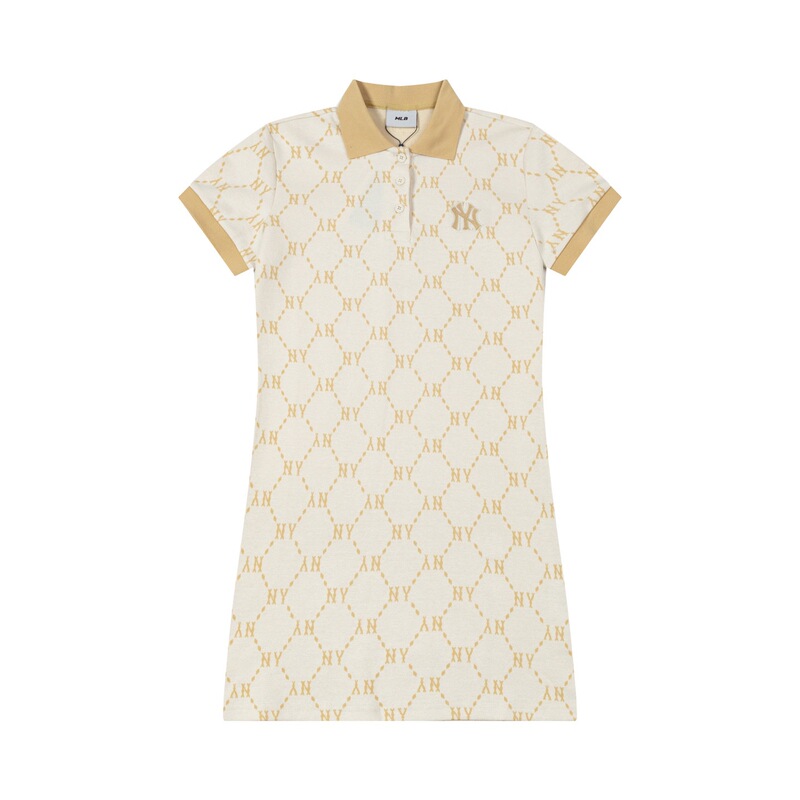 2025S Trendy Brand Mlb Summer New Presbyopic Jacquard Comfortable Lapel Short-Sleeved Dress Polo Collar Women's Casual