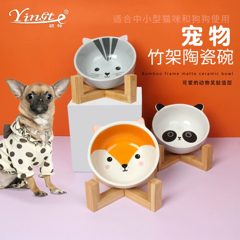 Мультфильм бинауральная керамическая миска для домашних животных бамбуковый держатель для собачьей еды миска для кормления кошек Милая керамическая миска для кошек миска для собак