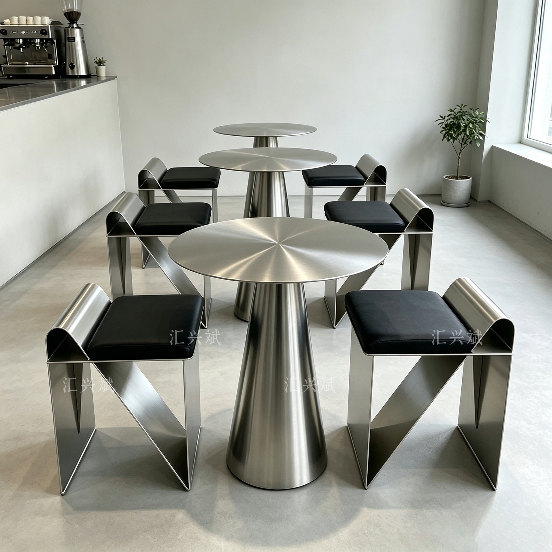 Industrial-style stainless steel table and chair set for milk tea shops and cafes, trendy conical metal commercial small round table