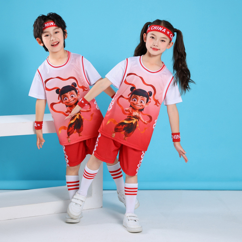 Nezha Kidsren's Basketball Uniform Suit Men's Short-Sleeved Fake Two-Piece Quick-Drying Jersey Kindergarten Primary School Girl Performance Uniform