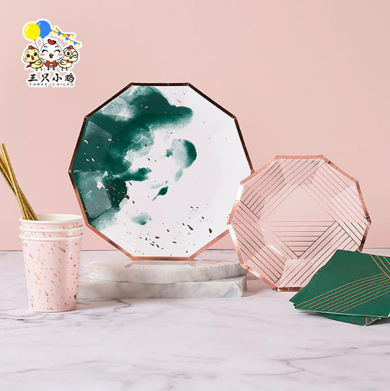 Cross-border New Chinese Style Green Ink Disposable Paper Plate Cake Plate Party Birthday Tableware suit
