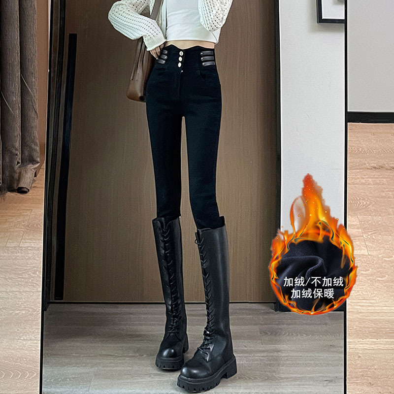 秋冬の新型の弾力性が身につけてやせている小さい足のズボンの女性の2023年の超高腰のデニムは鉛筆のズボンを身につけます。|undefined