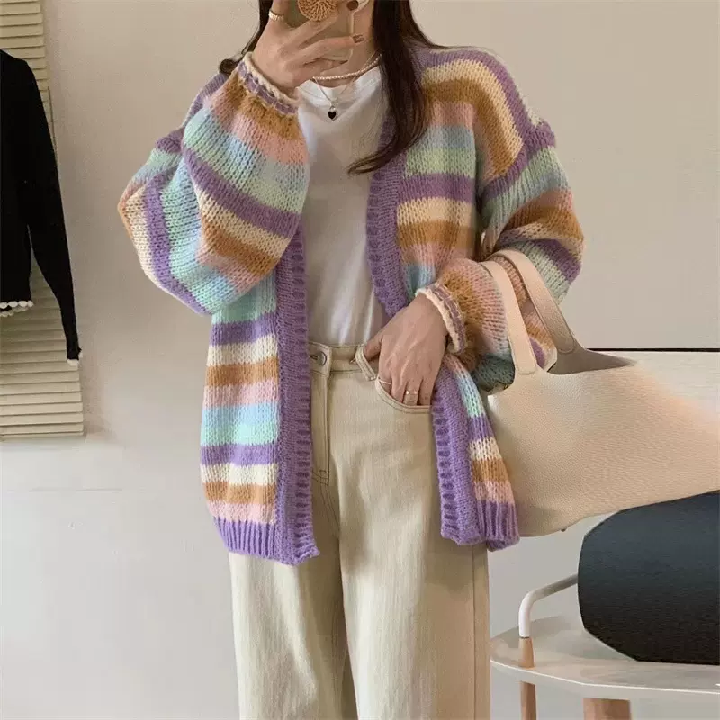 慵懒风彩虹条针织衫女开衫2024秋季韩系新款宽松撞色毛衣外套