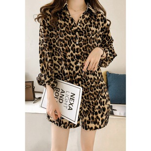 New Fashion Loose plus size Leopard Print Shirt Women's Long Sleeve Top Mid-length Shirt Base Shirt Trendy