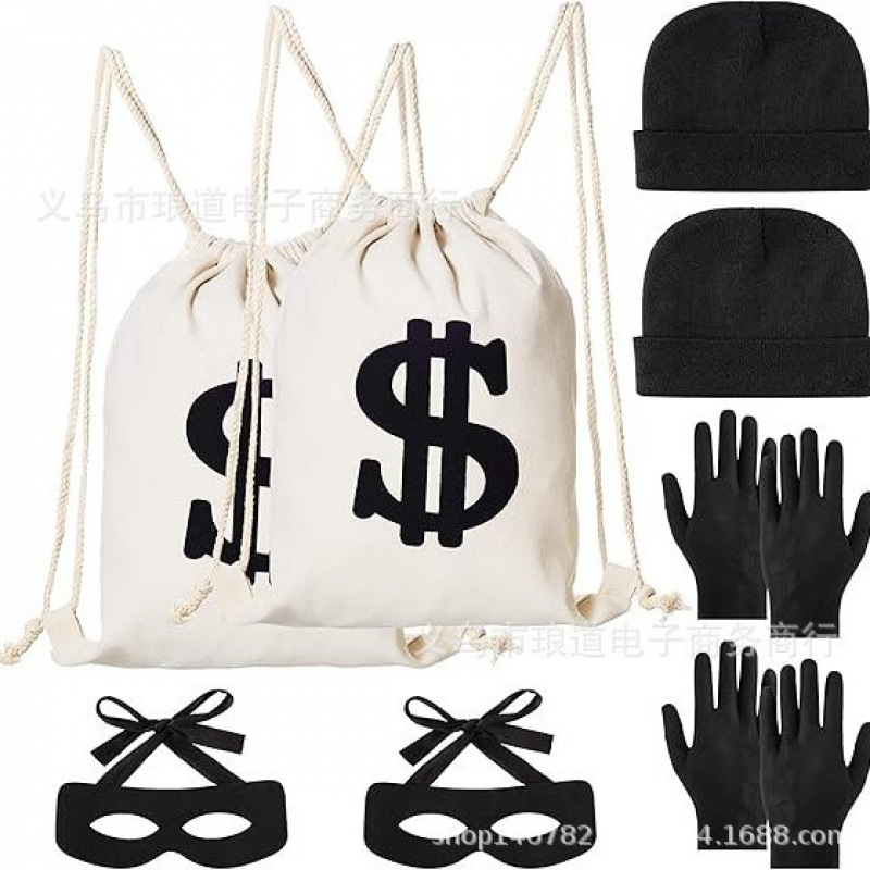 Cross-Border Halloween Makeup Party Props Cos Thief Suit Canvas Money Bag Dollar Knitted Hat Gloves Eye Mask