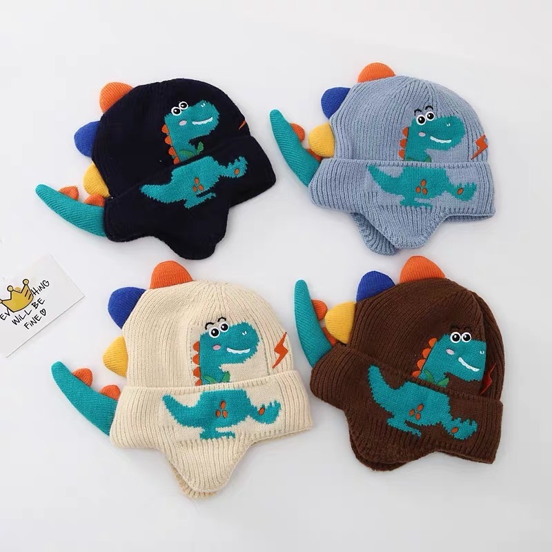 Sombrero de dinosaurio para niños otoño e invierno para niños lindo sombrero de lana de punto súper lindo para niñas protección auditiva a prueba de viento sombrero cálido para bebés