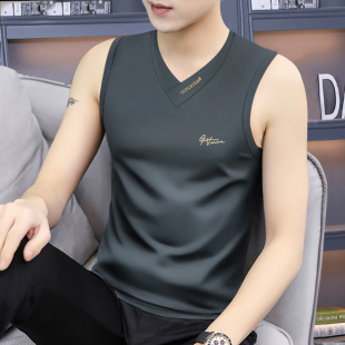 Summer New Men's V-neck Wide Shoulder Vest Sleeveless T-shirt Waistband Old Man Undershirt Base Sports Fitness Repair Running