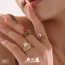 谜丽 ins不锈钢鸽子蛋粉色大钻皇冠侧面开口可调节满钻戒指不掉色