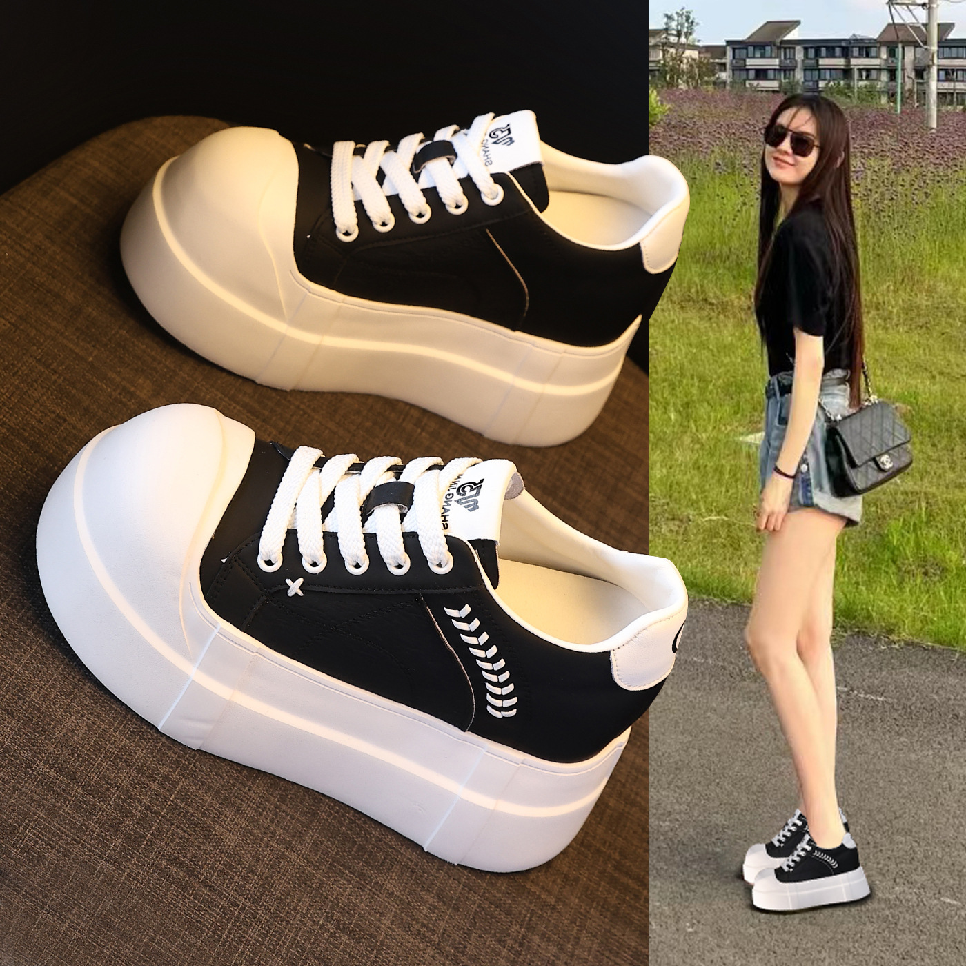 Giày sneaker nữ đế dày tăng chiều cao phong cách trắng basic — màu đen