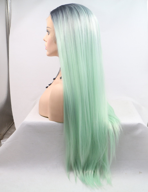 Amazon AliExpress verde pálido largo recto cos pelucas frente encaje cubierta de cabeza LW0328