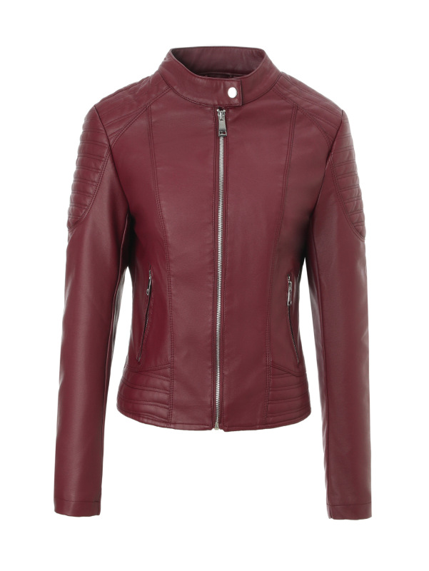 跨境女士欧码修身皮衣秋冬立领外套复古机车皮夹克Women's coat|undefined