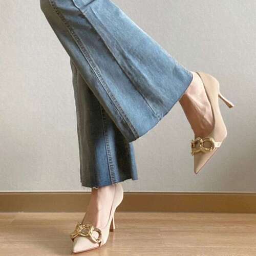 Nude High Heels Women's New Miniature Metal Chain Soft Leather Pointed Toe Thin Heel Soft Sole Elegant Lady Single Shoes