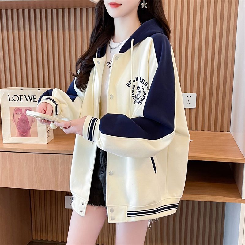Early Spring Baseball Suit Jacket Women's Autumn and Winter Korean Loose plus size All-match Color Matching fleece-lined Thickened Cardigan Sweater