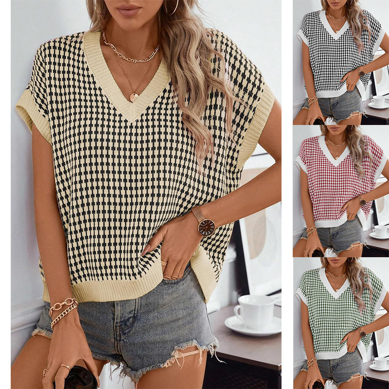 Amazon Cross-Border Women's V Neck Sleeveless Vest Houndstooth European and American Knitted Tops Casual Plaid Sweater Women's Clothing