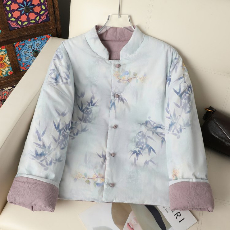 新中式国风棉麻印花夹棉外套女冬季撞色唐装棉服加厚小立领棉衣|undefined