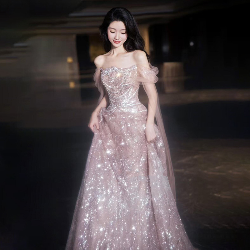 New Pink Sequin Evening Dress Birthday Graduation Adult Princess Dress Host Piano Performance Dress Engagement Dress