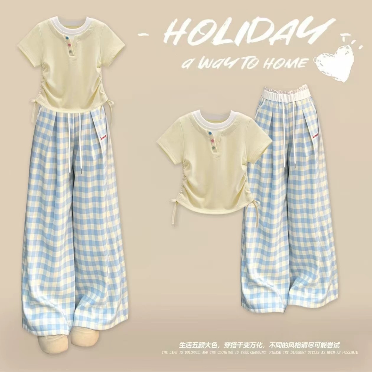 Girls' casual summer set, new style, fashionable Korean-style two-piece T-shirt and plaid pants for older children.