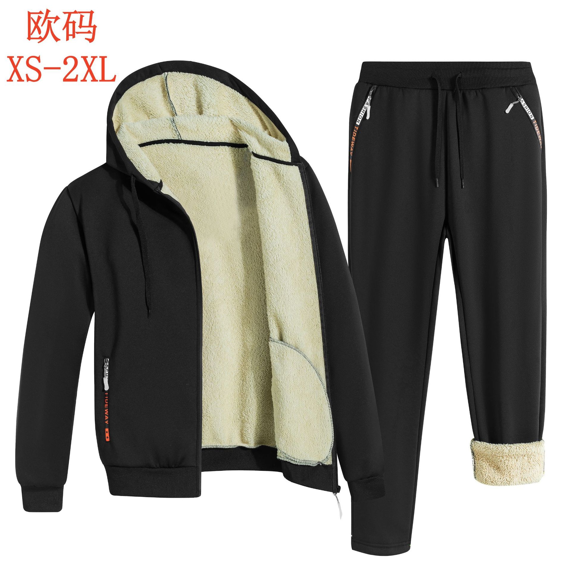 欧美男式连帽加绒加厚ebay卫衣棒球服套装羊羔绒外套速卖通JOOM厂