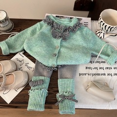韩版童装2025新款秋季女童格子拼接毛衣开衫蝴蝶结打底裤两件套潮