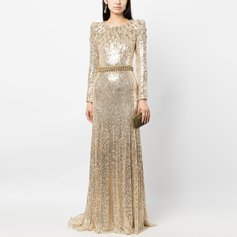 High-Quality In-Stock Evening Gown 2026 European and American Celebrity Style Heavy Beading and Rhinestone Embellished Gold Sequin Long Dress