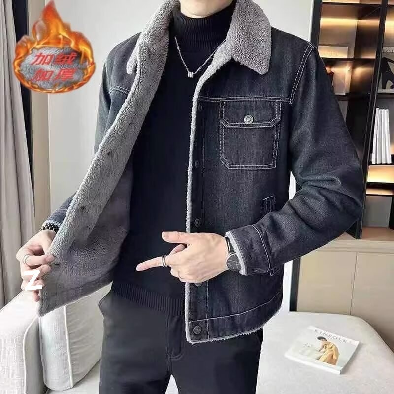 헝칭 최고의 양가죽 데님 재킷 데님 재킷 기모 남자 한국 스타일 슬림 핏 옷깃 캐주얼 재킷 남성복