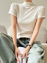 韩系春季莫代尔半高领内搭打底衫女上衣服修身短袖正肩t恤设计感