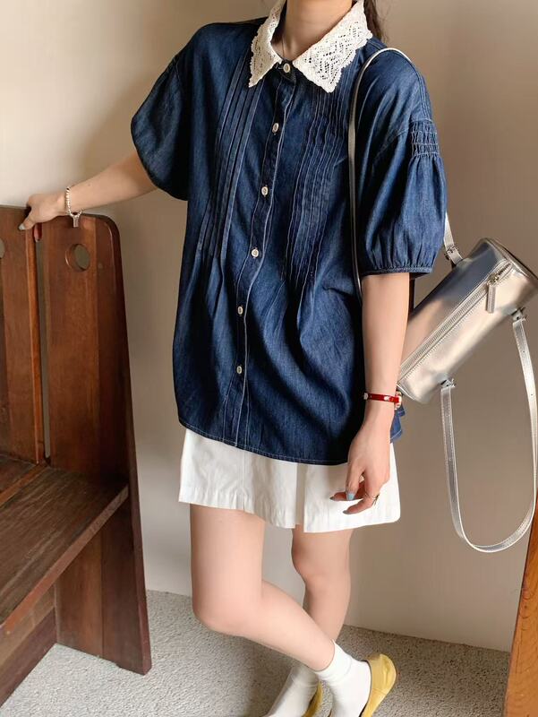 Lace Collar Denim Short-Sleeved Shirt 2026 Summer New Style Korean Fashion Lapel Shirt Top Women's Clothing 1123