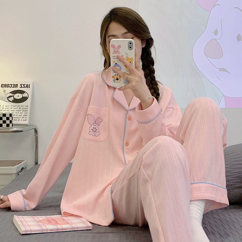 Nueva chica Rosa pijamas de las mujeres peinado jacquard algodón Otoño e Invierno manga larga solapa cardigan lindo dulce hogar desgaste traje