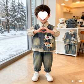 儿童牛仔马甲三件套2026新款衣服新款洋气男童春秋夏帅气套装宝宝