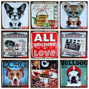 Super Cute Cats and Dogs European and American Vintage Tin Painting Do Old Frameless Bar Coffee House Pet Shop Decoration