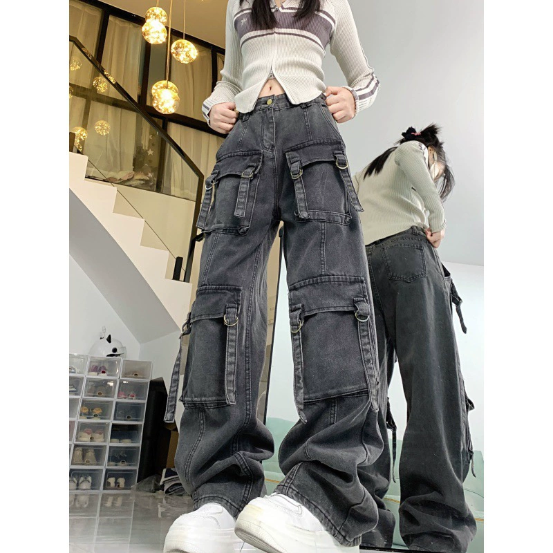 Реальный выстрел по реальной цене! Стирка воды, чтобы сделать старые джинсы женские темно-серые мульти-карманные комбинезоны свободные висячая широкие брюки