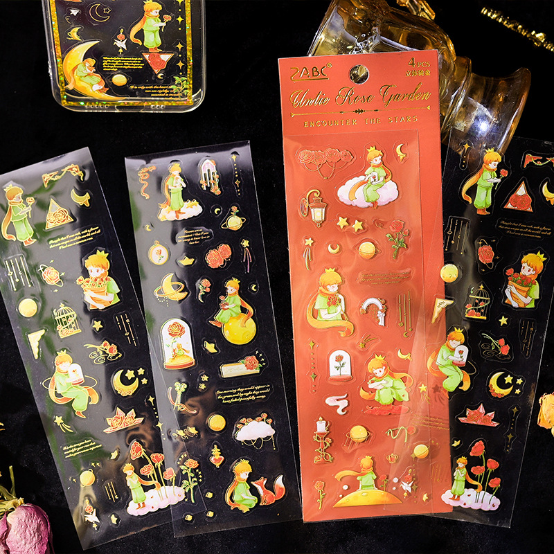 Encuentro con estrellas Pegatinas planas El principito estampado en caliente tridimensional Personaje de cuento de hadas Cuenta de mano Material de base Pegatinas 4 estilos