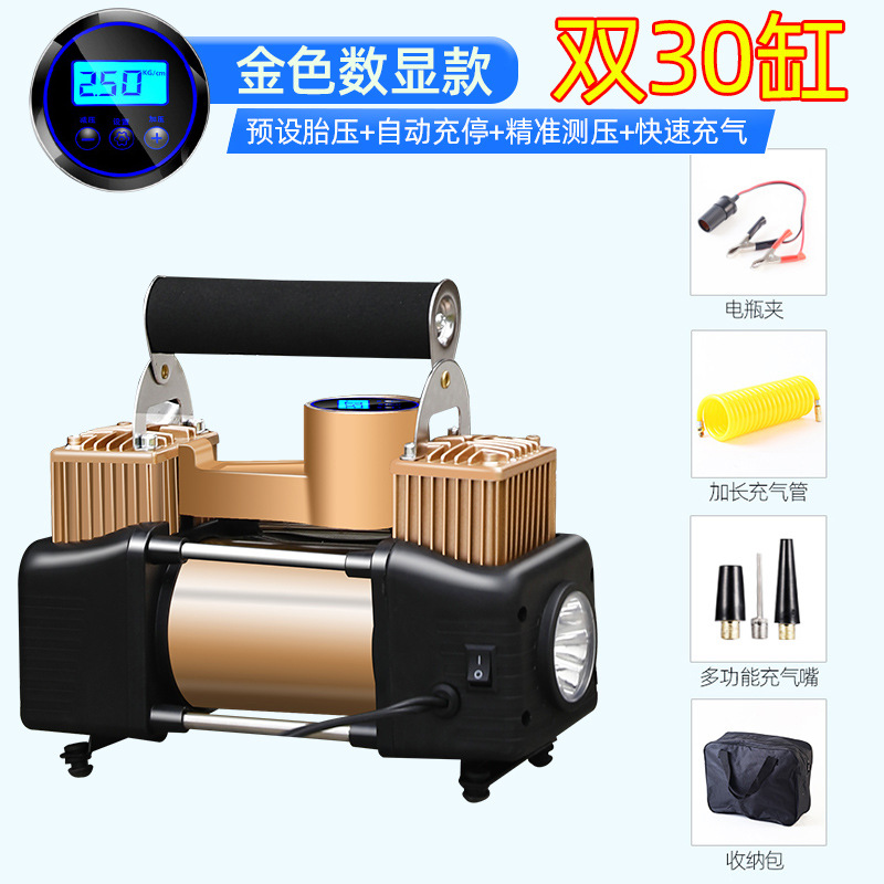High Power – Qìchē Hava nasosu - gold-digital-display-with-light-metal-dual-cylinder-full-copper-core-with-handbag