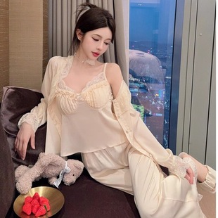 Spring and Autumn Pajamas Women's Tianbing Silk French Style with Court Style with Chest Pad Sexy Sling Sling Home Clothes Three-piece Suit