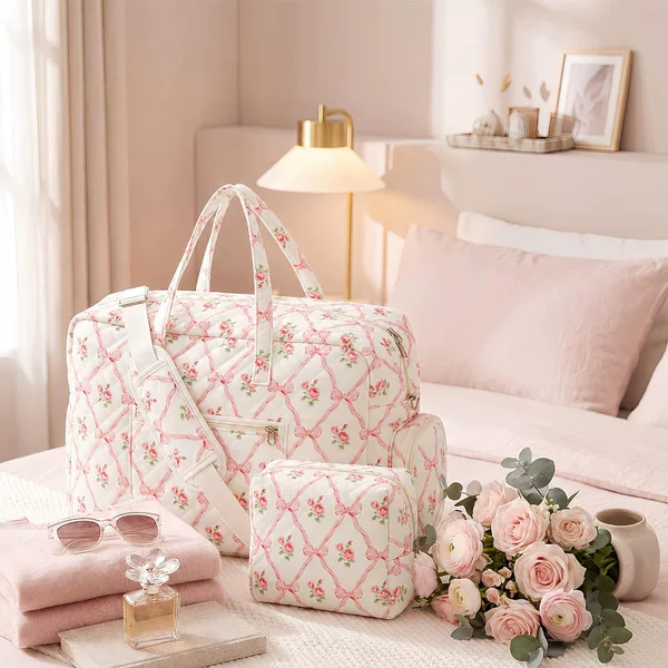 Pink ribbon bow floral quilted travel bag portable handbag shoulder makeup bag set with customizable pattern
