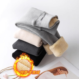 Girls' leggings high waist fleece-lined thickened autumn and winter baby girls' warm pants children's one-piece velvet black trousers