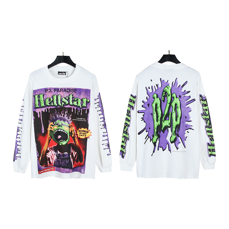 Hellstar アメリカのトレンディなハイストリートレトロウォッシュ加工プリントストリートロックスウェットシャツ長袖 Tシャツ男性と女性のトップス|undefined