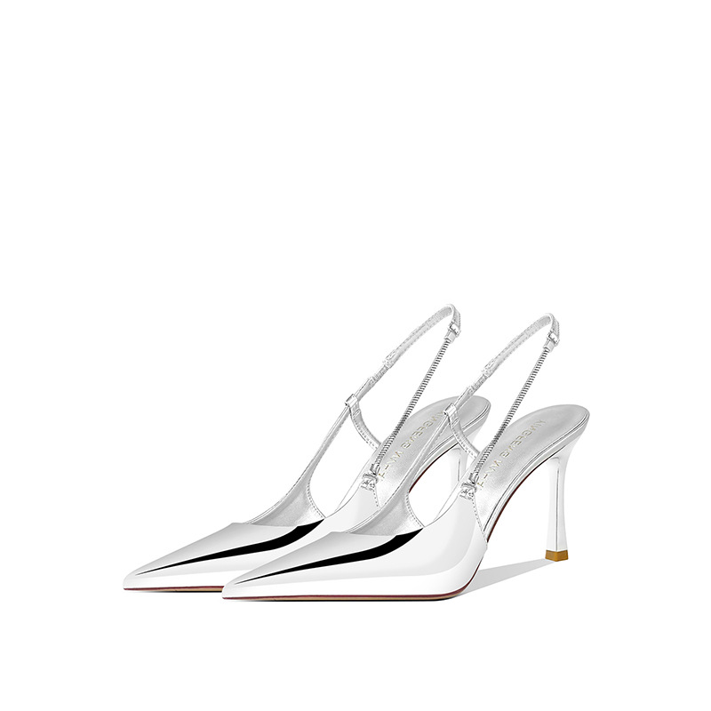 The Ready Stock》 C's Silver Pointed Toe High Heel Sandals Women's French Early Spring Temperament Stiletto Heel Baotou Back Hollow Shoes