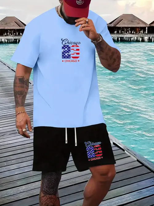 Comercio exterior europeo y americano Amazon 2025 nueva moda patrón de estrella de cinco puntas camiseta de manga corta pantalones cortos traje ME2 MA1