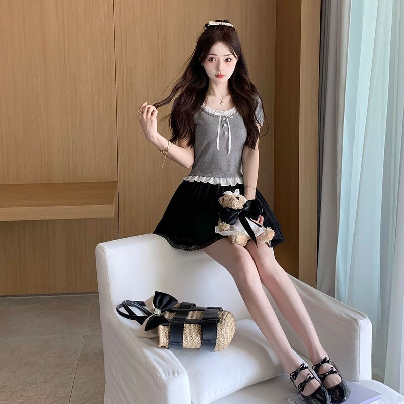 正肩u领短袖T恤女2025夏季新款木耳边甜妹修身显瘦假两件短款上衣|undefined