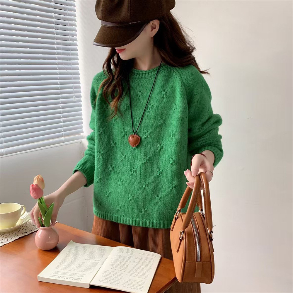 Suéter de Punto Calado para Mujer de Acrílico y Nailon con Cuello Redondo para Otoño e Invierno