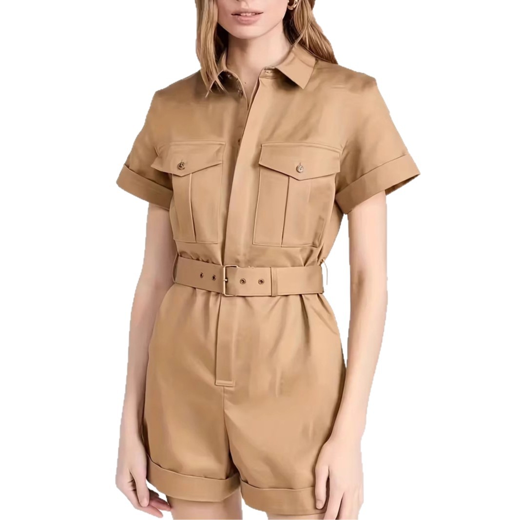 Stylish Women's Belted Jumpsuit With Pockets And Collared Shorts_voghion.com