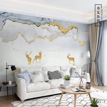 立体新中式金色麋鹿客厅电视背景墙壁纸轻奢墙布简约手绘设计壁画